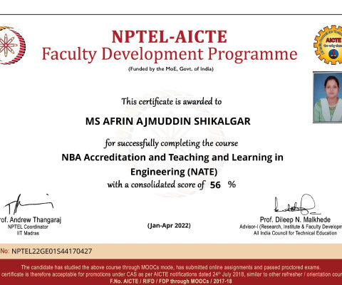 Completed NPTEL course on “NBA Accrediation teaching and Learning process