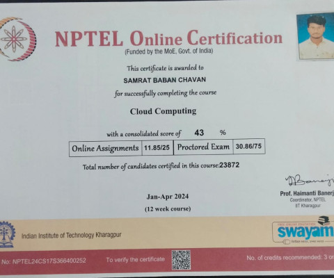 Successful Completion of NPTEL Certification in Cloud Computing