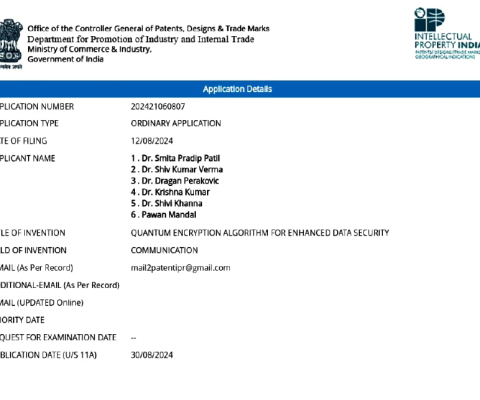 Patent Registered named Quantum Encryption Algorithm for Enhanced Data Security